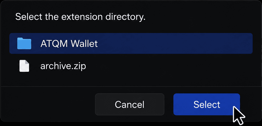 ATQM Wallet extension folder selected in the file picker